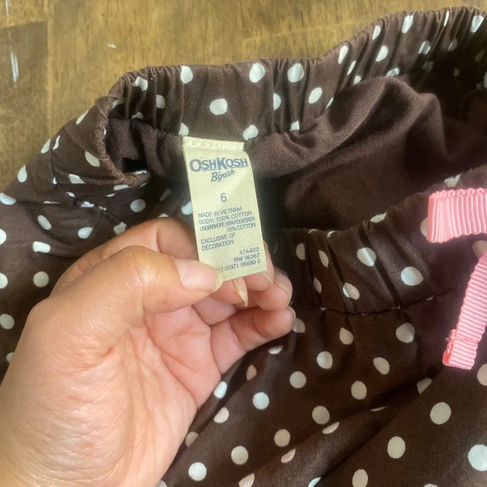 OshKosh B'gosh Skort‎ Girls Brown Polka Dot Tiered Ruffle Lace Trim SIZE 6
